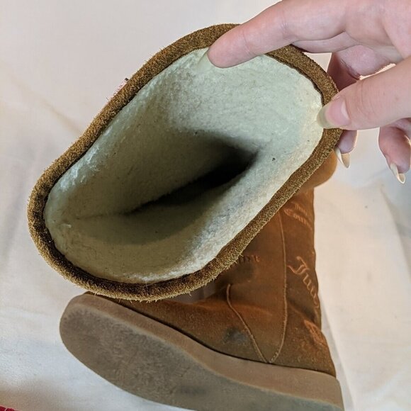 Juicy Couture Brown Faux Suede Moccasin Boots Knee High Tan Embroidered Y2K 8.5 - Picture 13 of 16